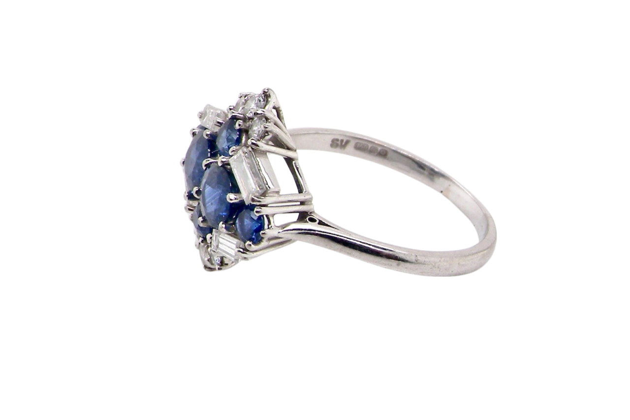 white gold sapphire and diamond cluster ring