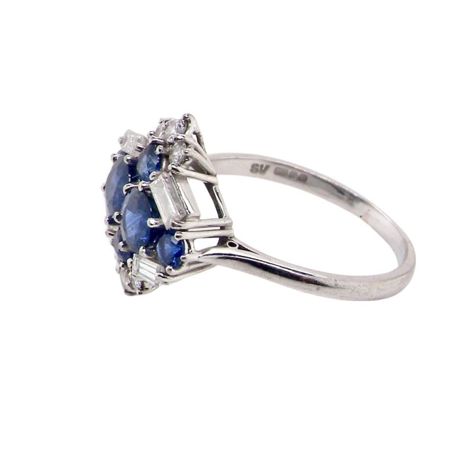 white gold sapphire and diamond cluster ring