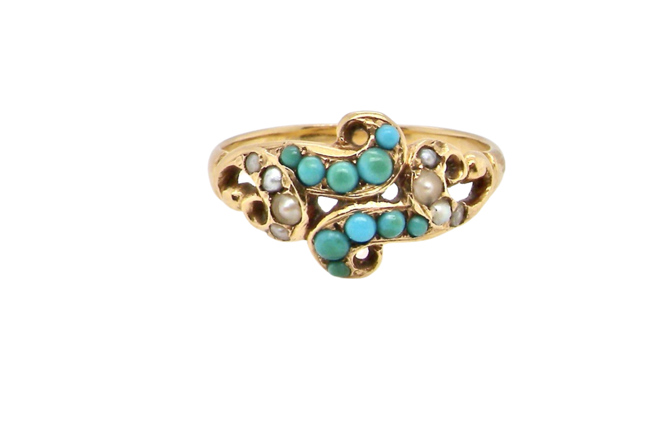 A gold dress ring with turquoise and pearl accents