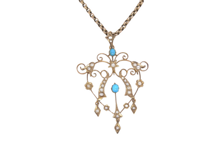 A Victorian pearl and turquoise openwork pendant