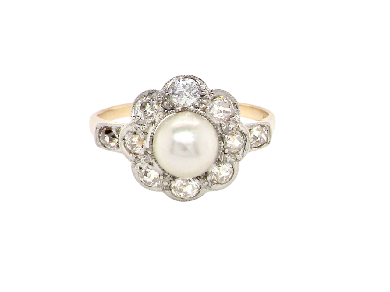 pearl and diamond cluster ring