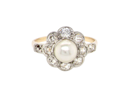 pearl and diamond cluster ring
