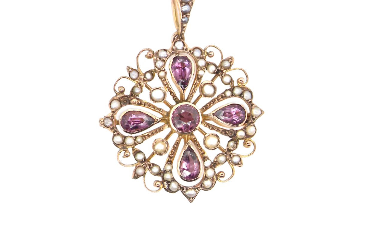 A fine amethyst and pearl pendant/brooch