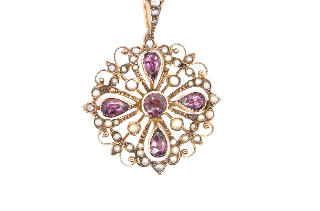 A fine amethyst and pearl pendant/brooch