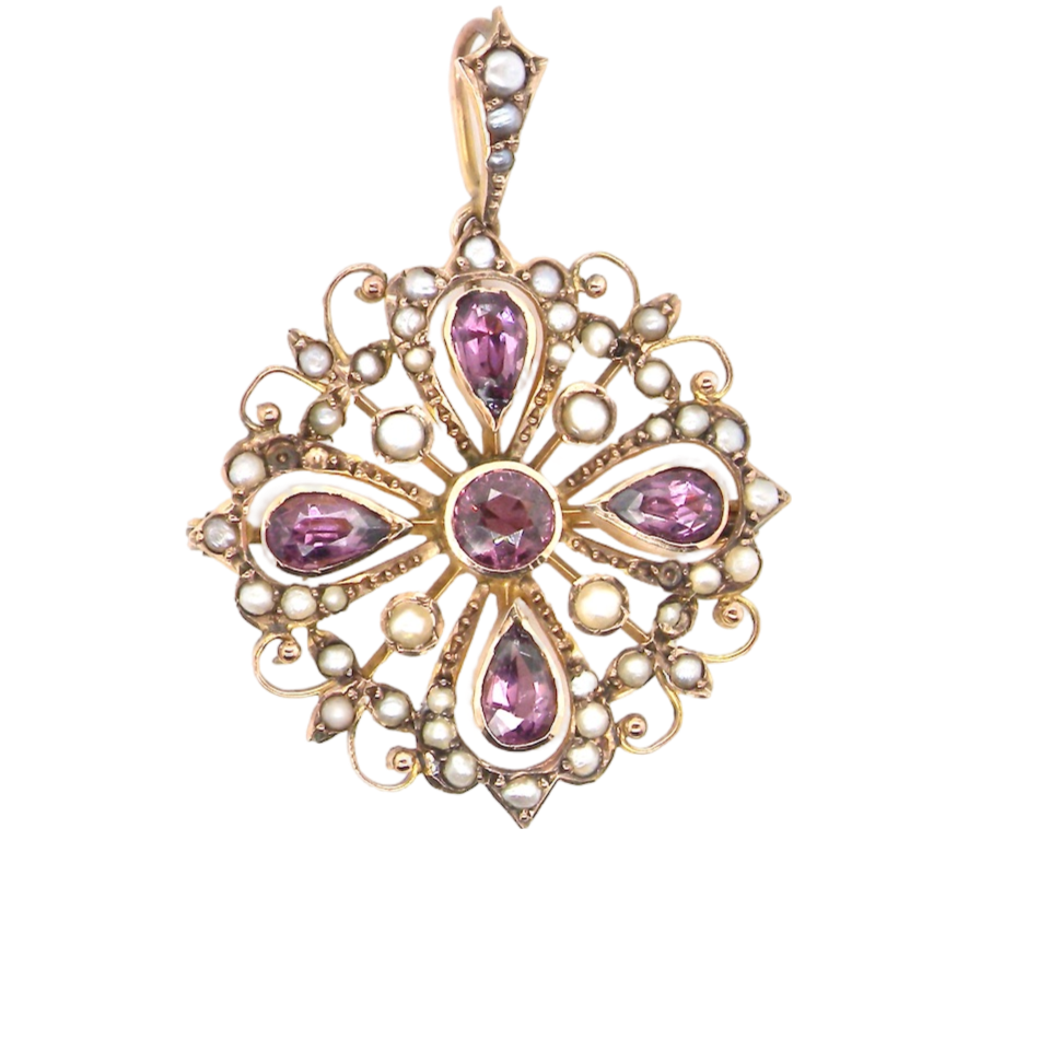 A fine amethyst and pearl pendant/brooch