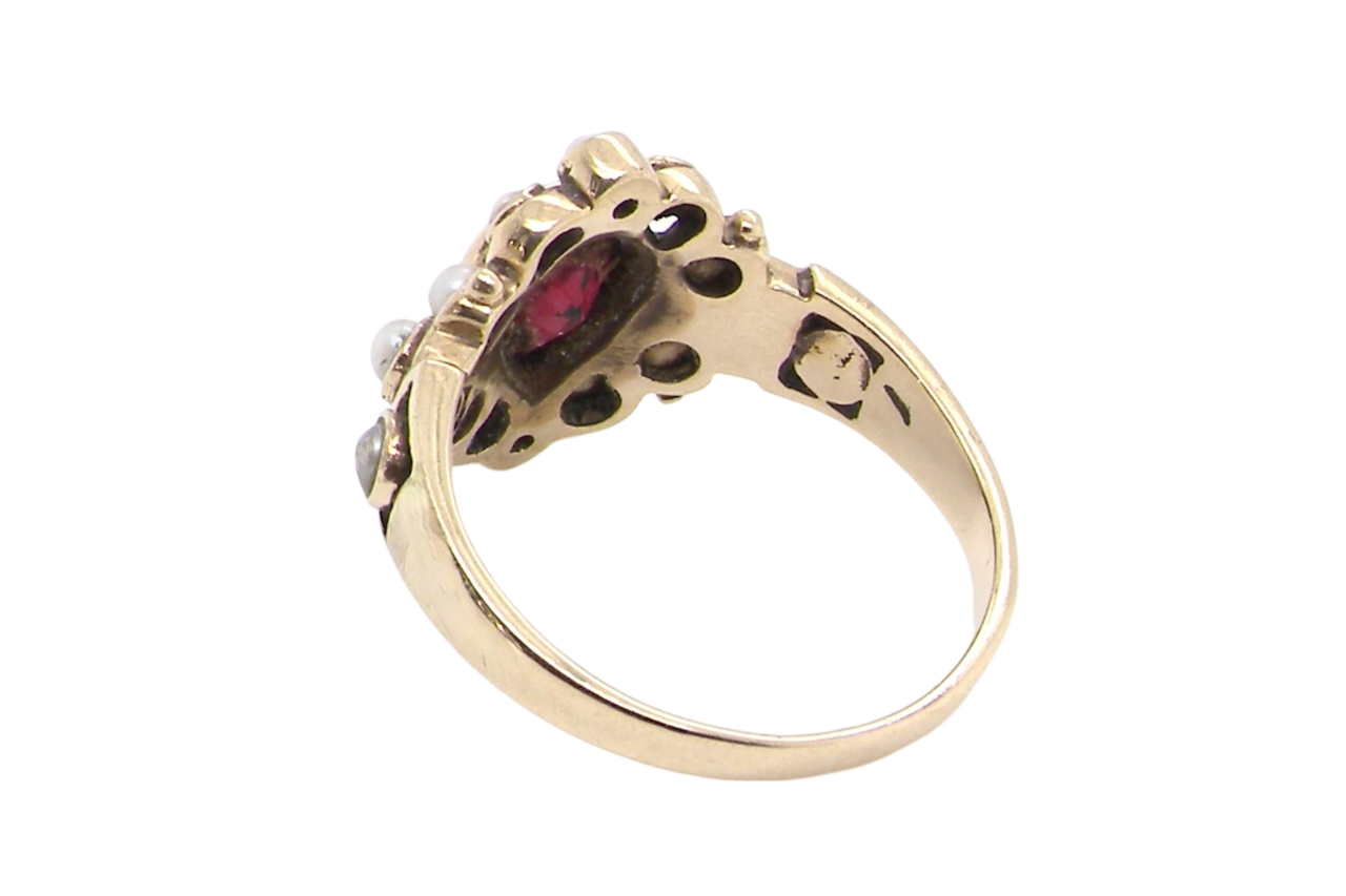 rear view garnet and pearl dress ring