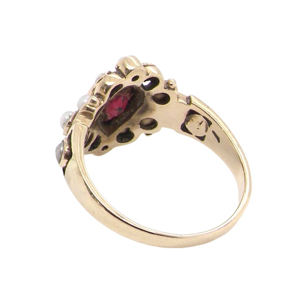 rear view garnet and pearl dress ring