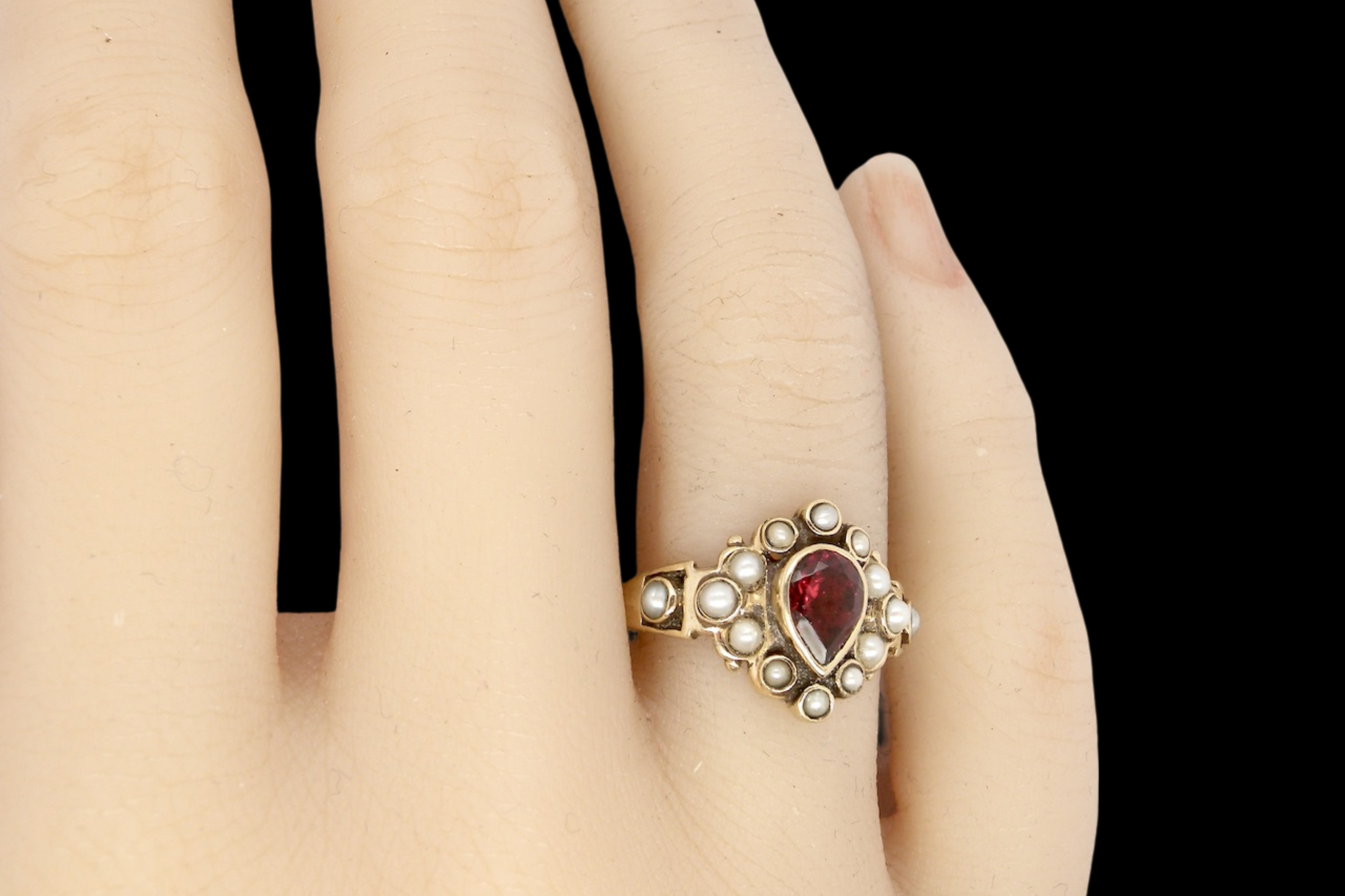 gold garnet and pearl dress ring
