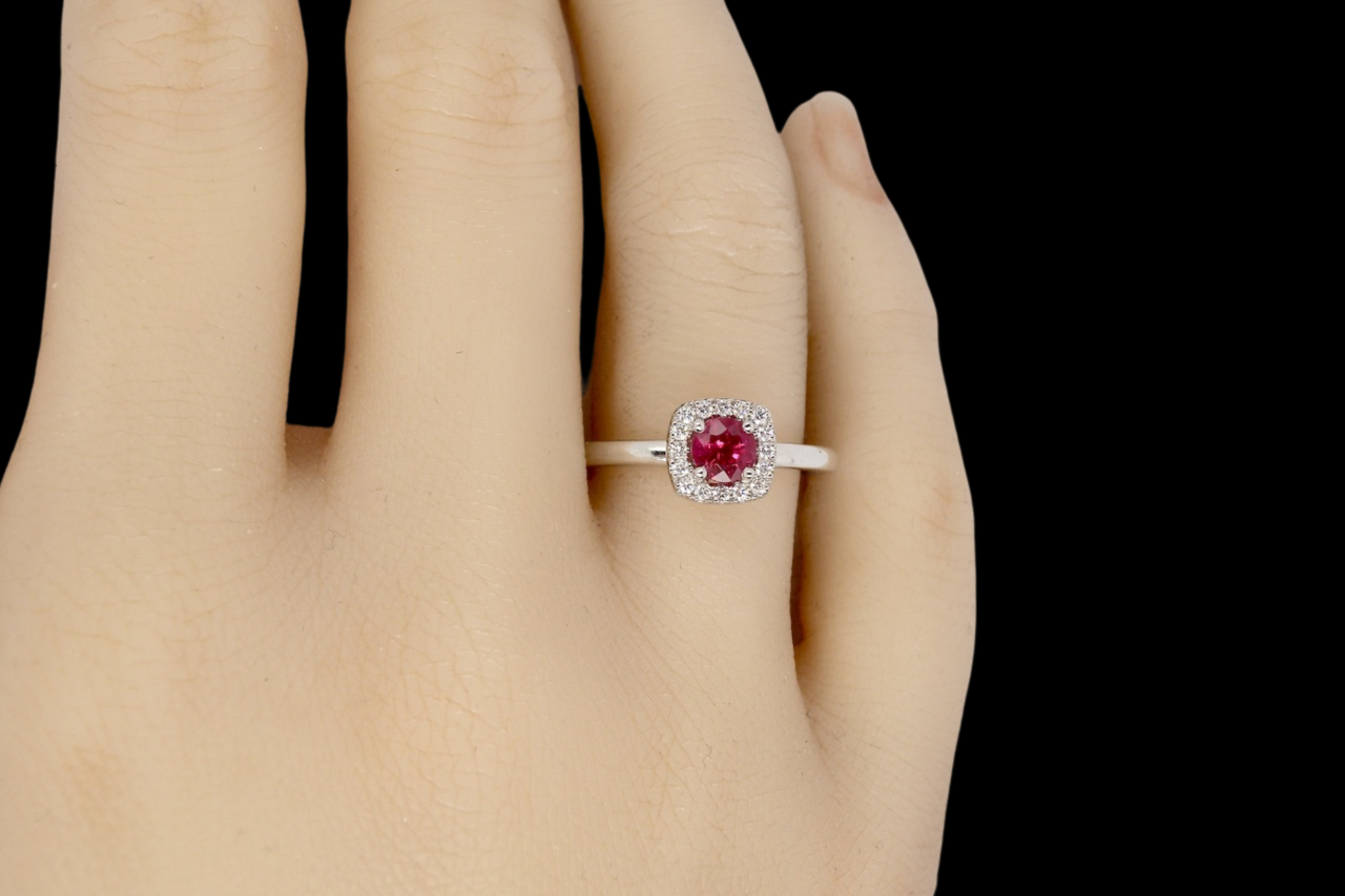 white gold ruby and diamond cluster ring