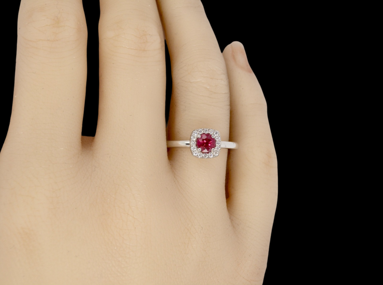 white gold ruby and diamond cluster ring