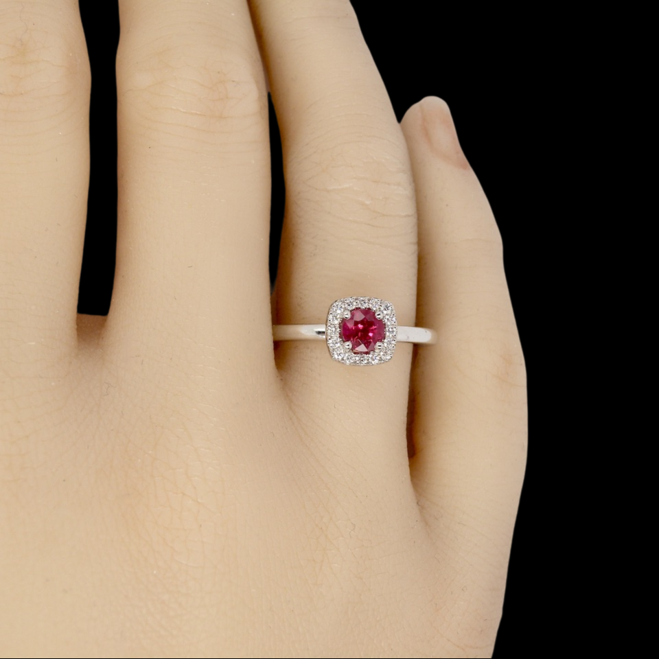 white gold ruby and diamond cluster ring