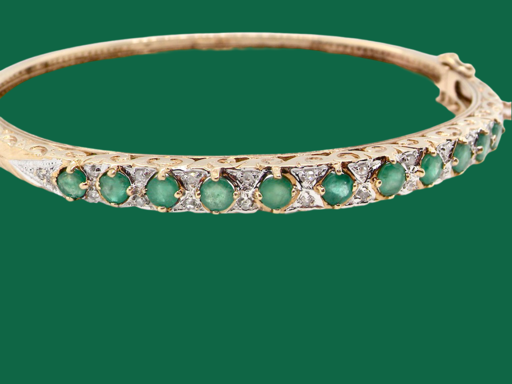 9 carat gold emerald and diamond bangle