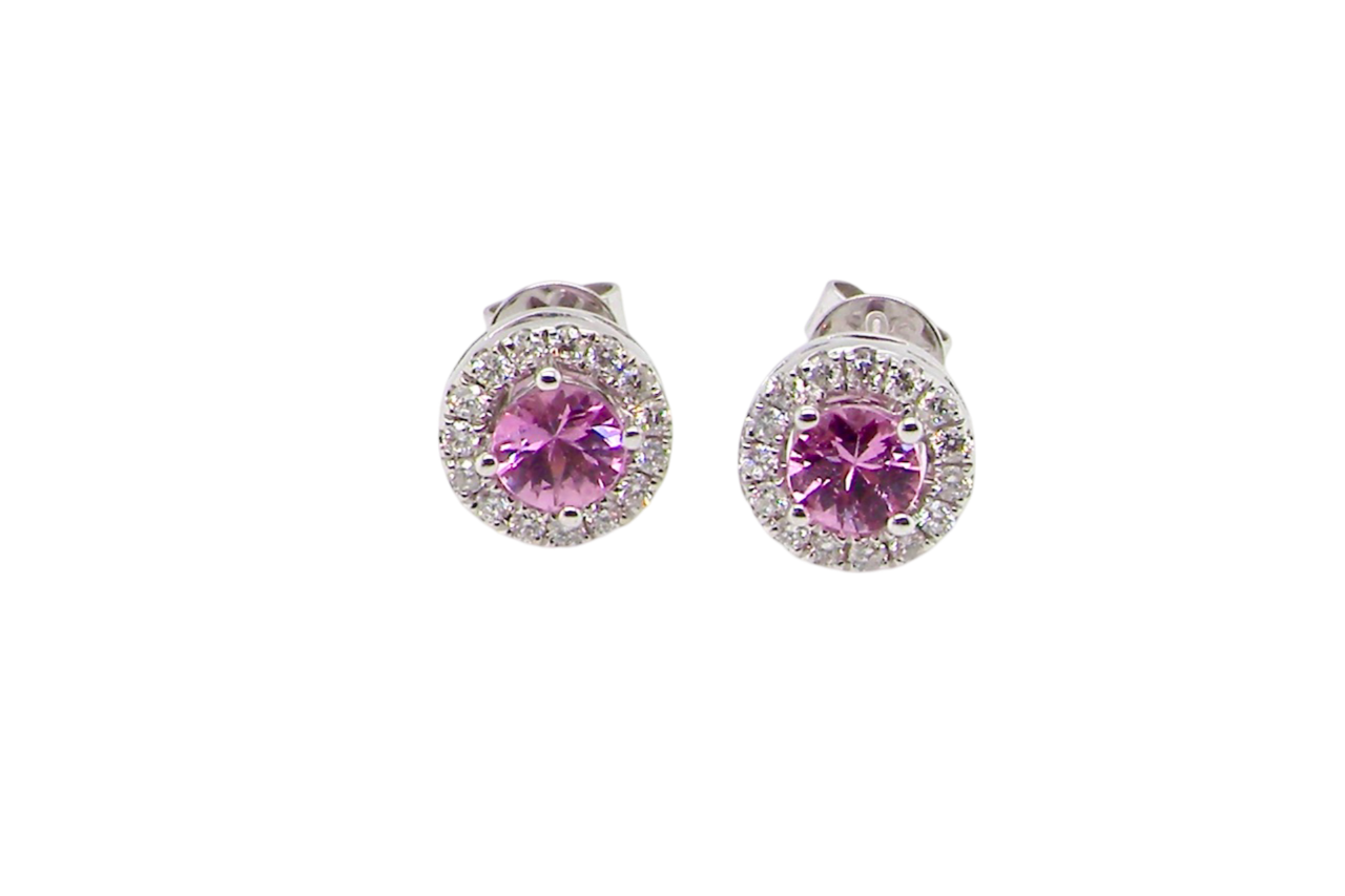 A pair of pink sapphire and diamond earrings