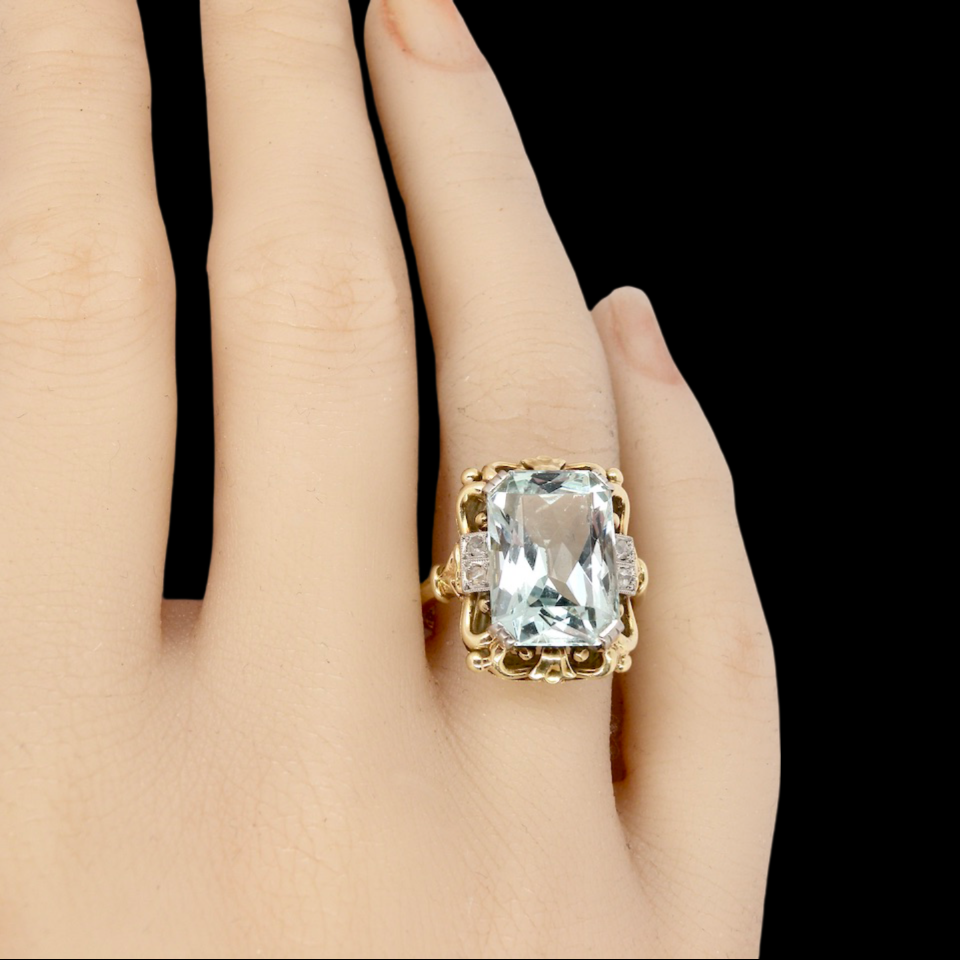 step cut aquamarine and diamond dress ring