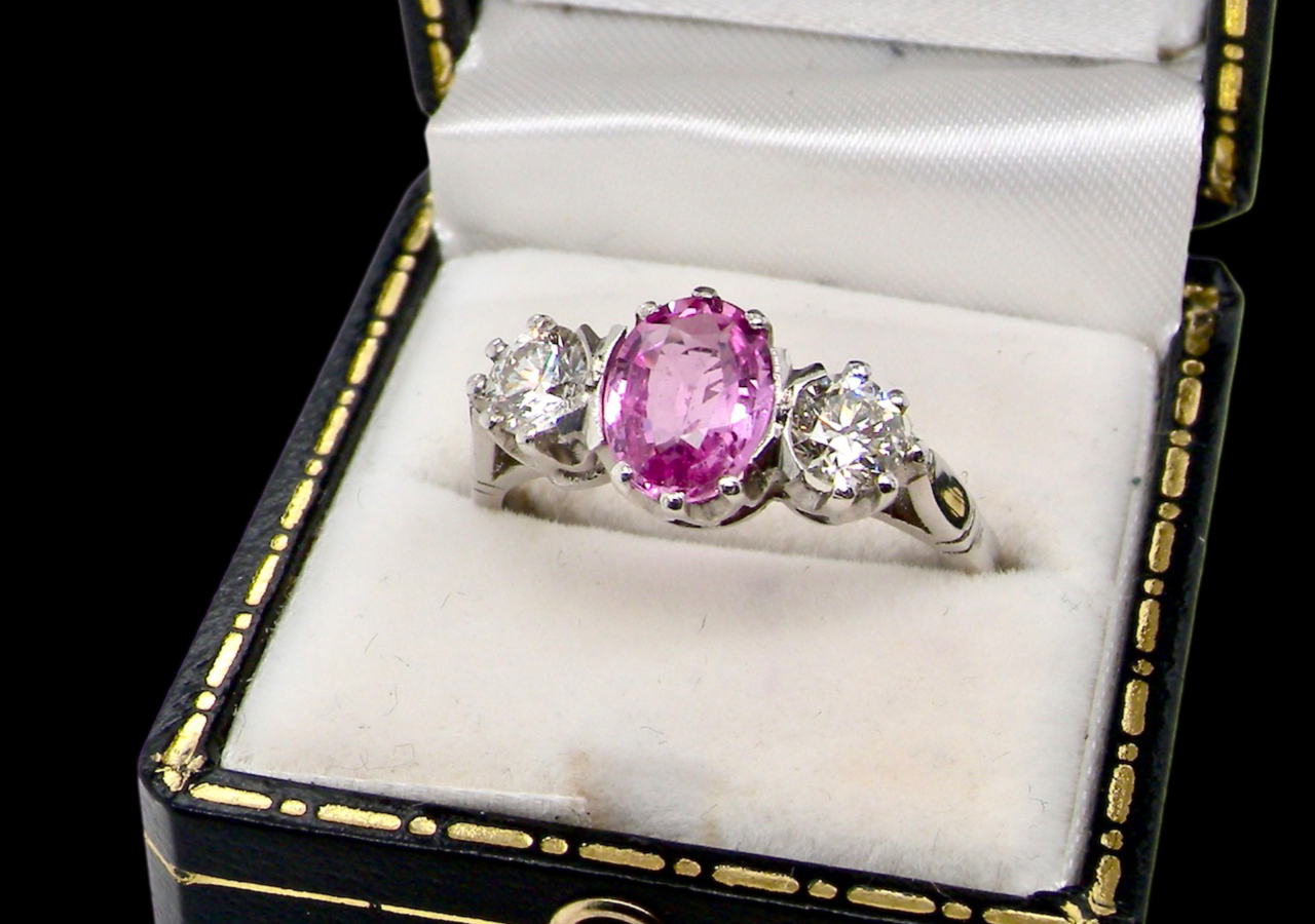 3 stone pink sapphire and diamond ring