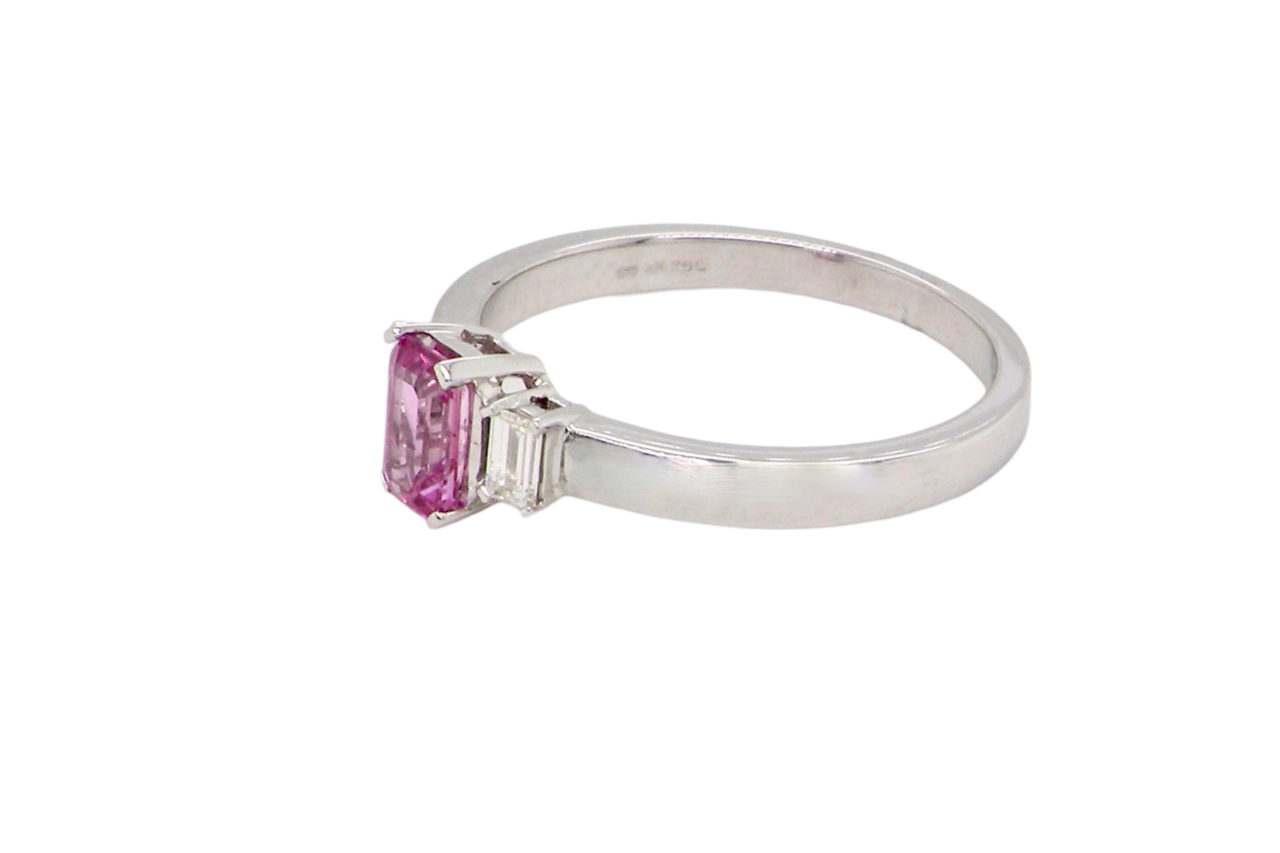 A Pink Sapphire and Diamond Ring side view