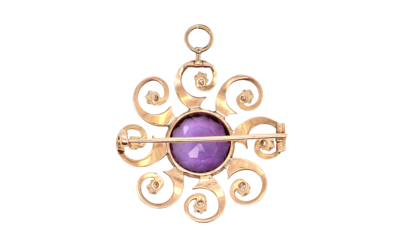 A vintage Amethyst and Diamond Brooch rear view