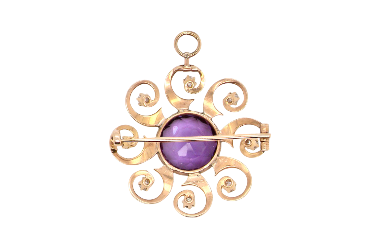 A vintage Amethyst and Diamond Brooch rear view