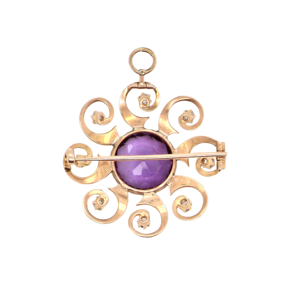 A vintage Amethyst and Diamond Brooch rear view