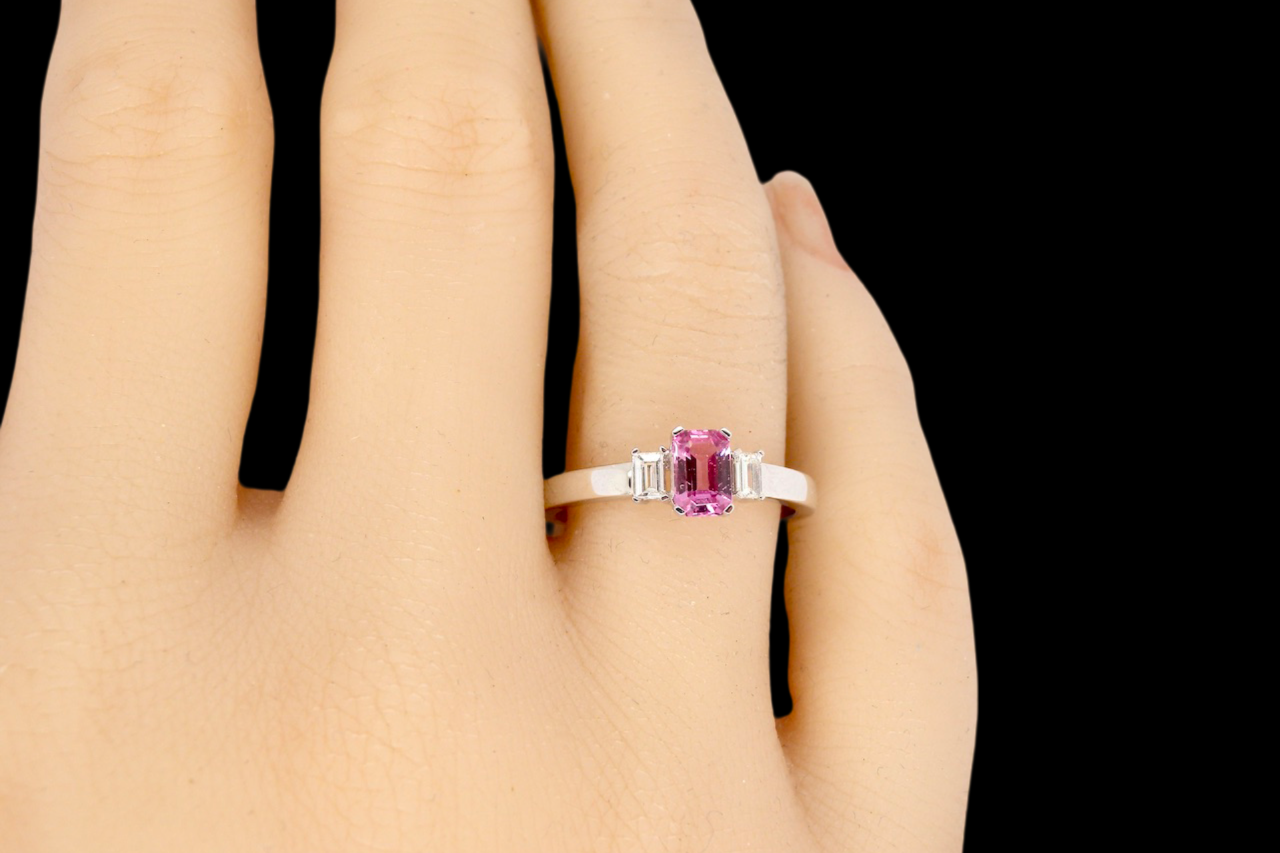 A Pink Sapphire and Diamond Ring finger view