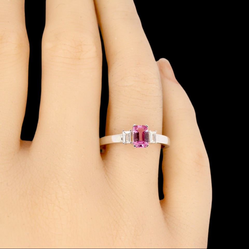 A Pink Sapphire and Diamond Ring finger view