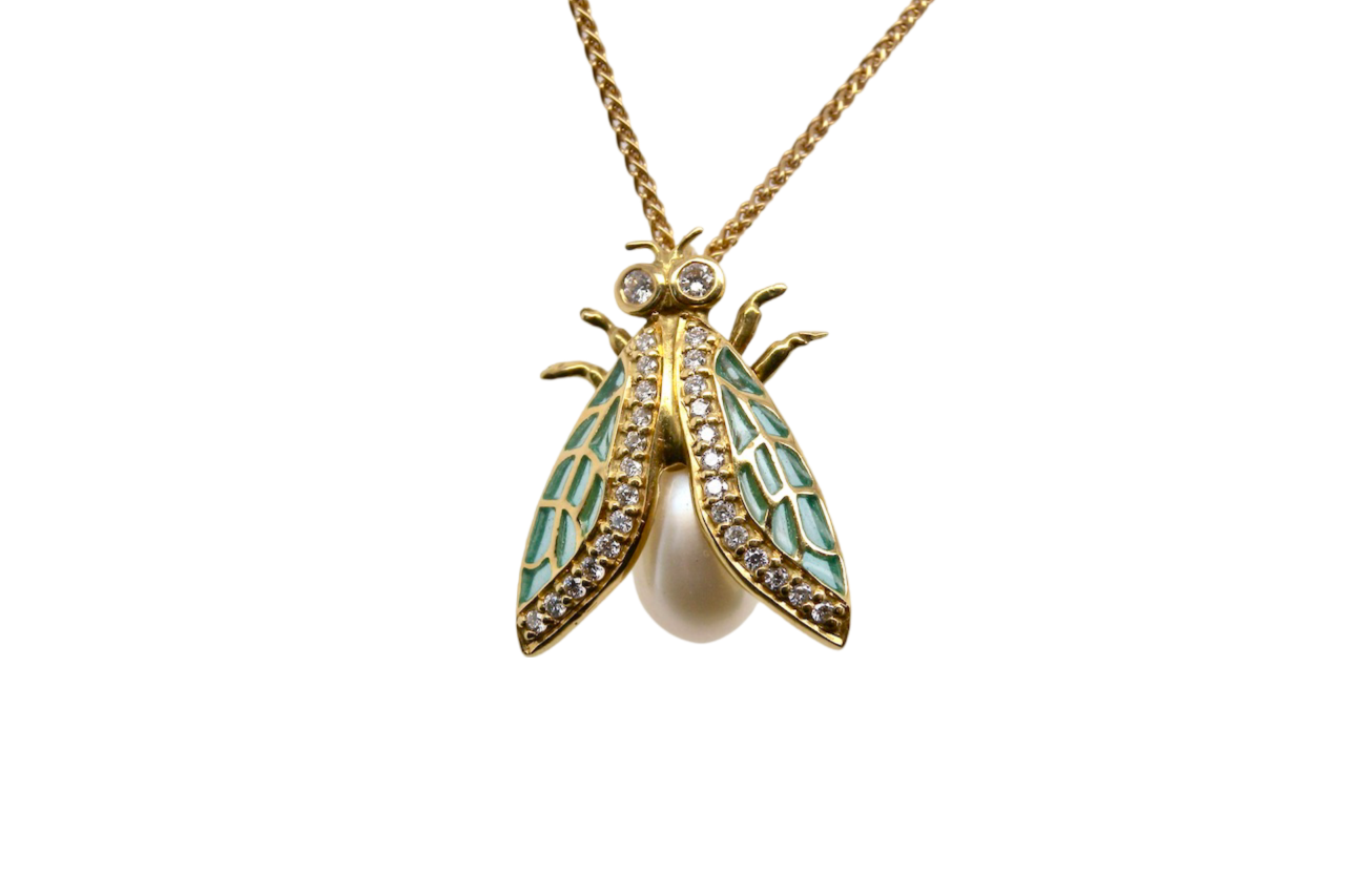 An insect pearl and diamond pendant