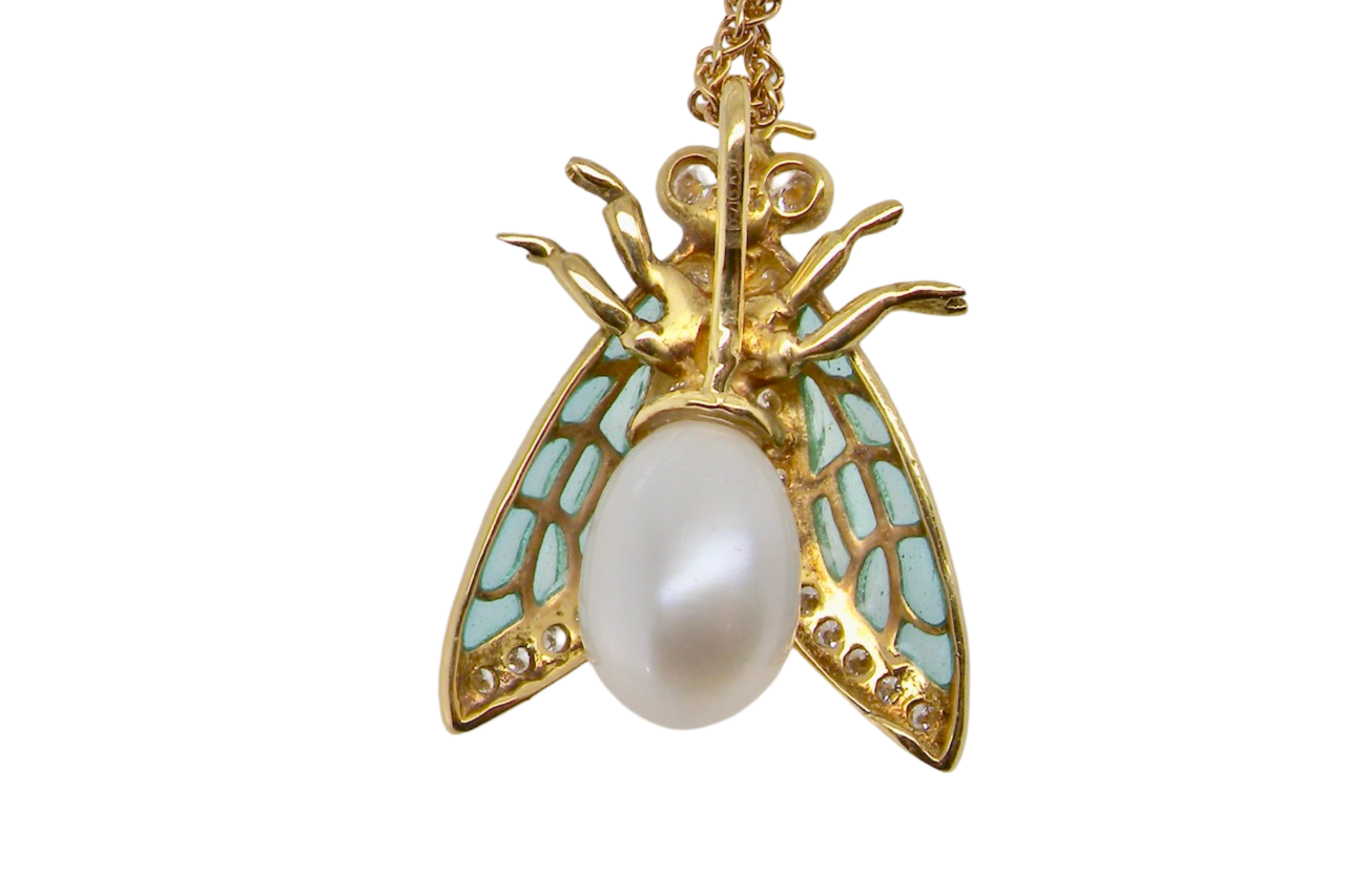 An insect pearl and diamond pendant rear view