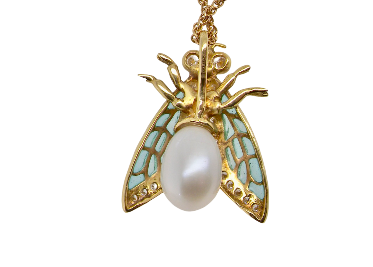 An insect pearl and diamond pendant rear view