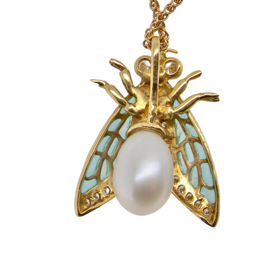 An insect pearl and diamond pendant rear view