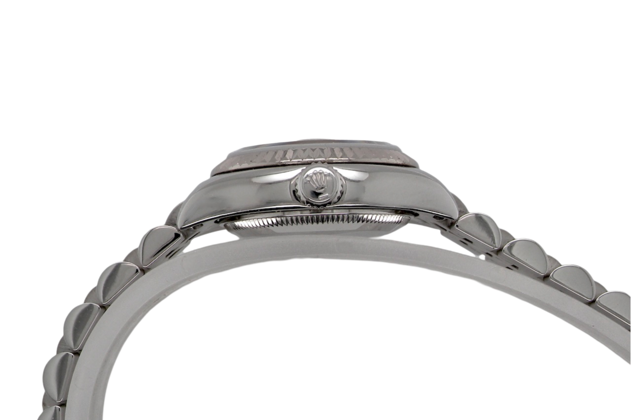 A womans steel Rolex wrist watch 179174 side view