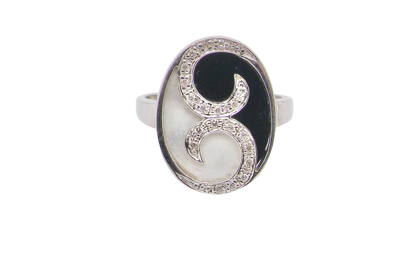 Vintage diamond onyx and mother of pearl dress ring