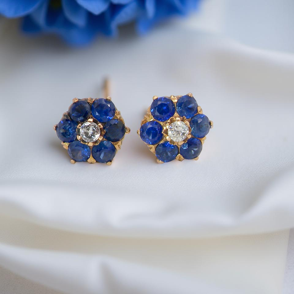 Pair of blue gemstone earrings with gold accents on a white surface.