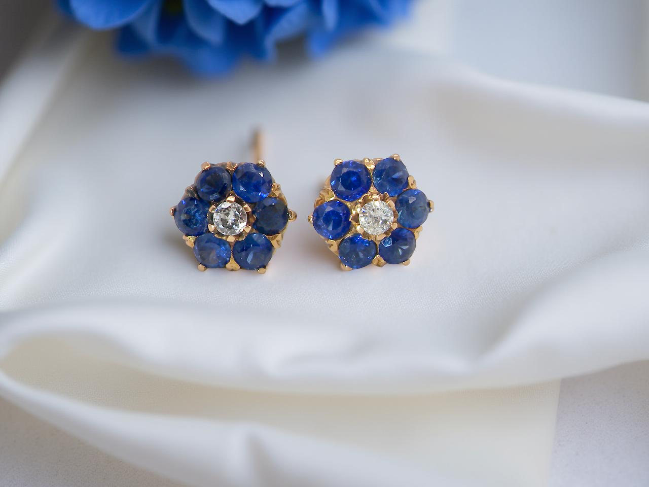 Pair of blue gemstone earrings with gold accents on a white surface.