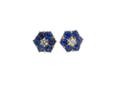 Pair of blue flower-shaped earrings with gold accents on a white background