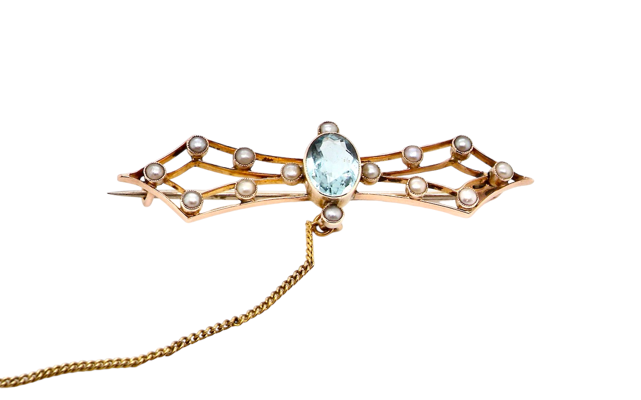 AQUAMARINE PEARL BAR BROOCH
