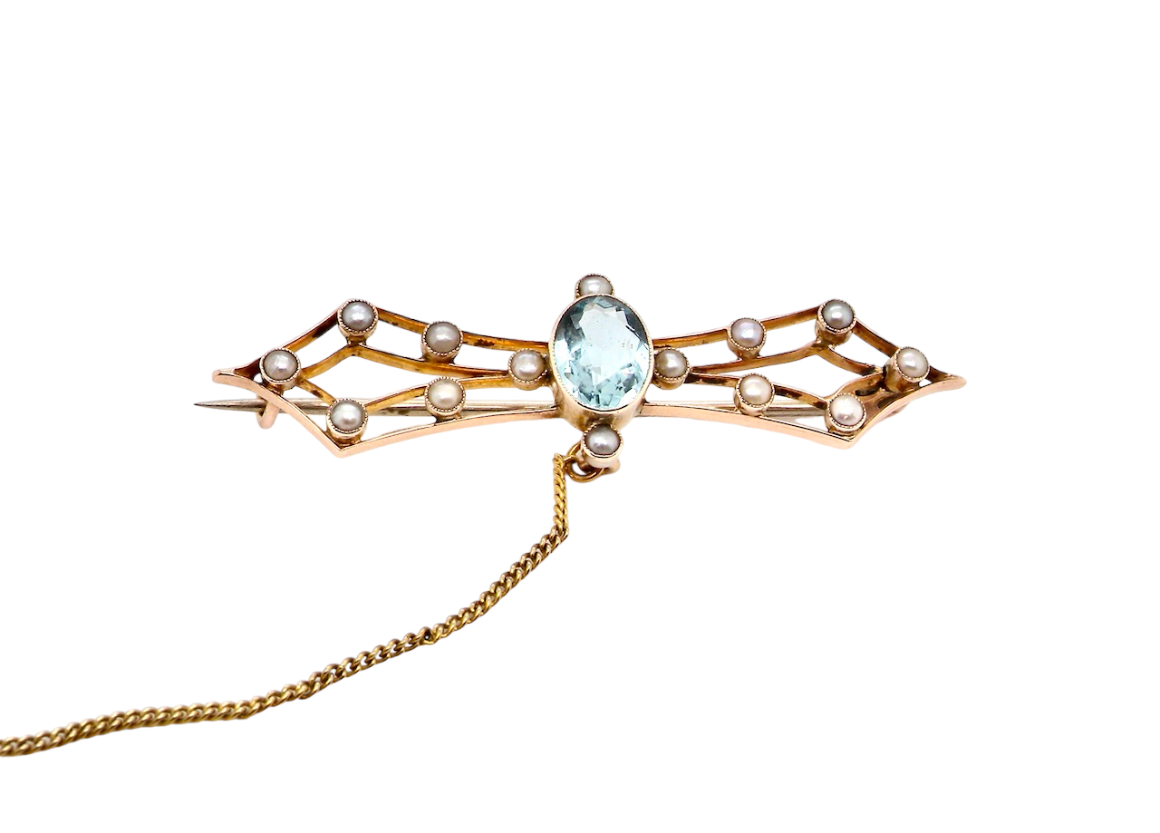 AQUAMARINE PEARL BAR BROOCH