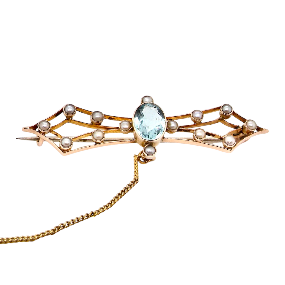 AQUAMARINE PEARL BAR BROOCH
