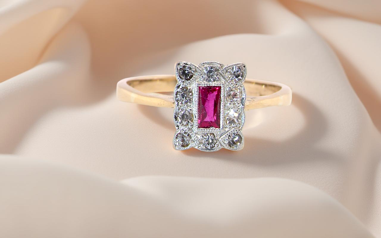 Edwardian-era cluster ring ruby and diamond A