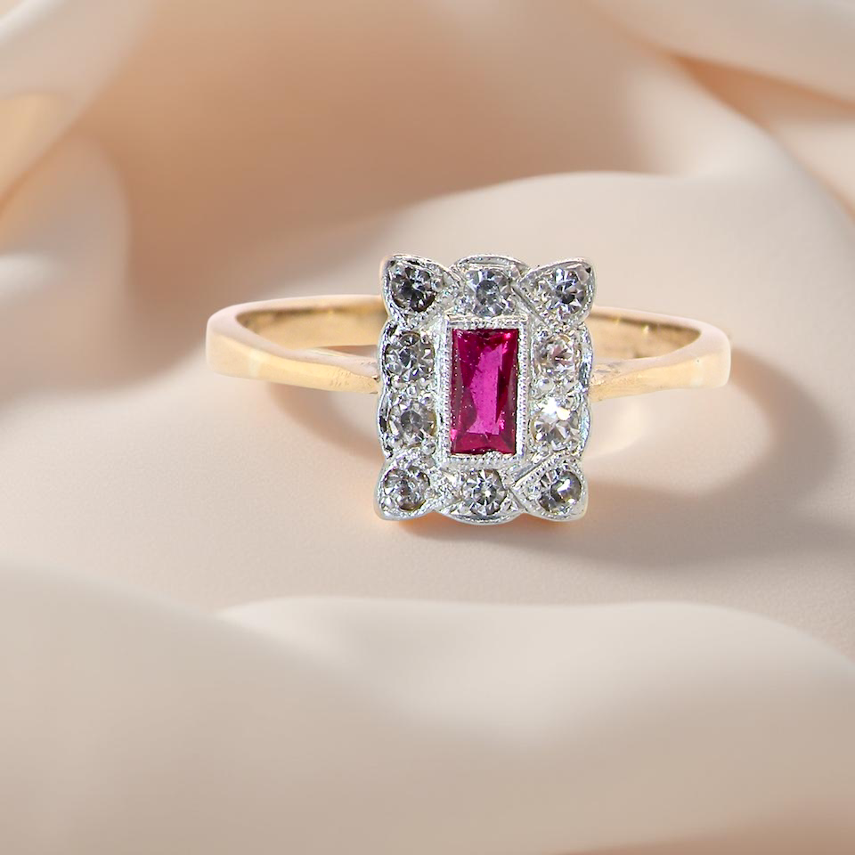 Edwardian-era cluster ring ruby and diamond A