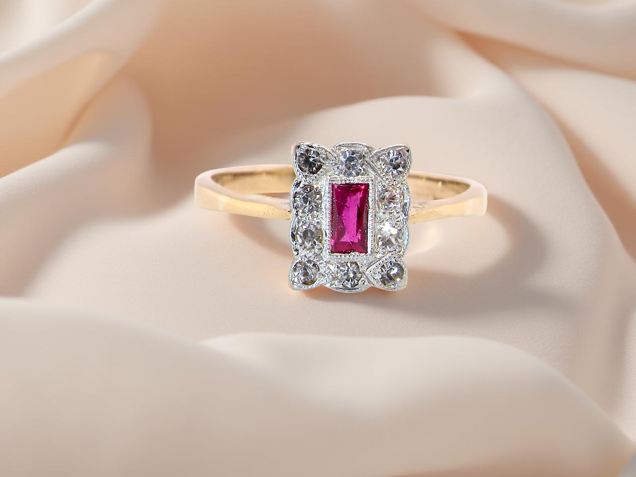 Edwardian-era cluster ring ruby and diamond A