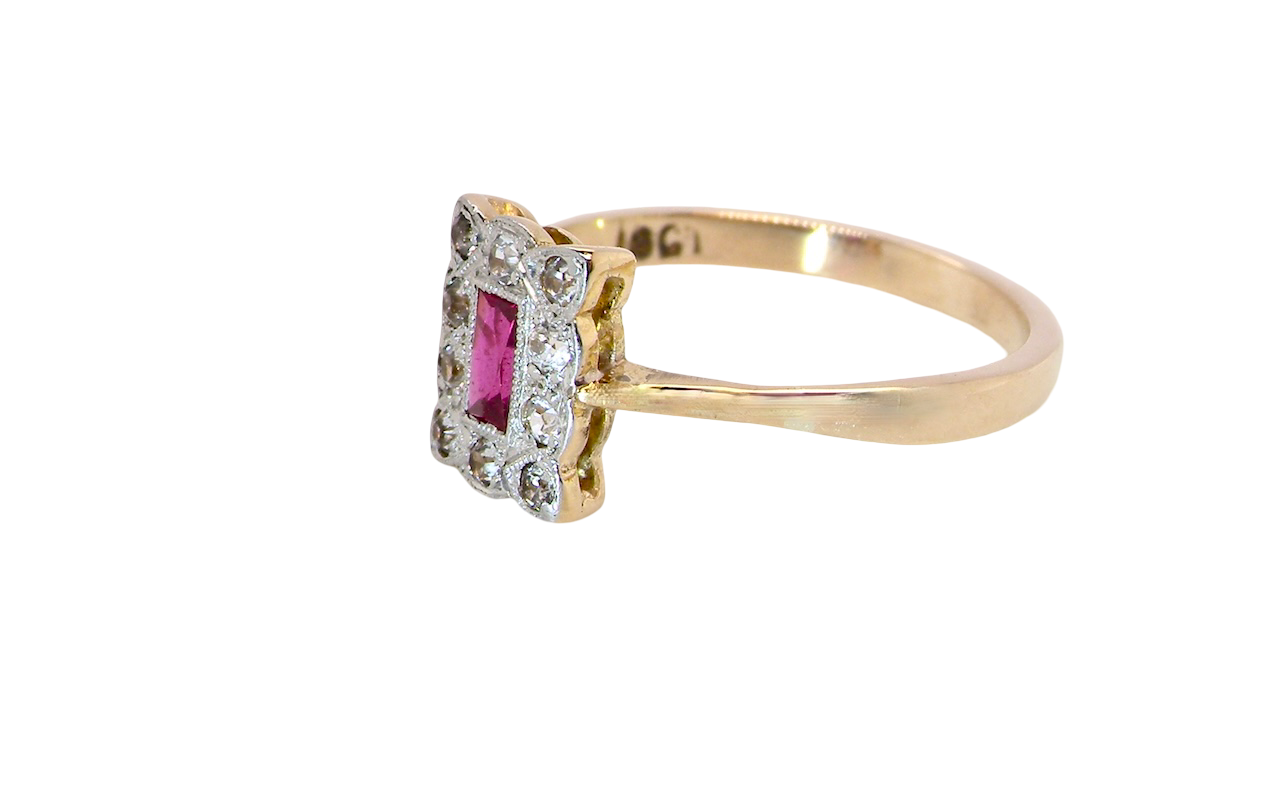 Edwardian-era cluster ring ruby and diamond side