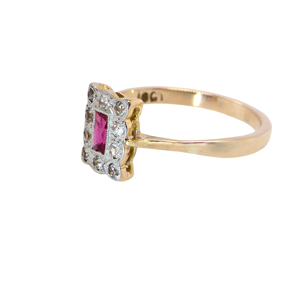 Edwardian-era cluster ring ruby and diamond side