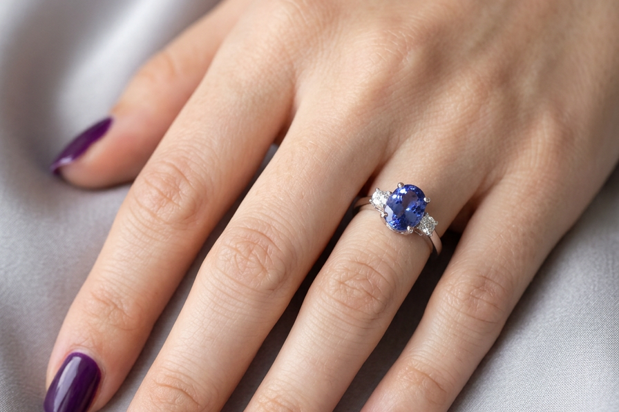 HAND A three stone ring that features an impressive tanzanite centre stone that measures 10x8mm (3.21 carats confirmed) AAA colour. 