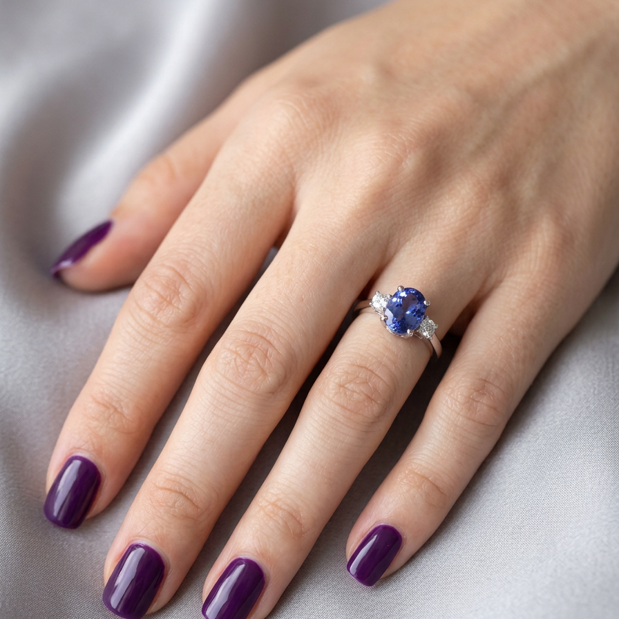 HAND A three stone ring that features an impressive tanzanite centre stone that measures 10x8mm (3.21 carats confirmed) AAA colour. 