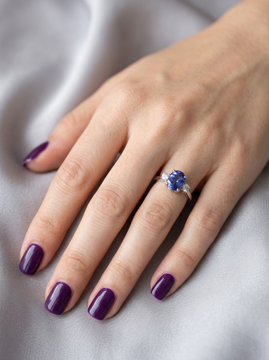 HAND A three stone ring that features an impressive tanzanite centre stone that measures 10x8mm (3.21 carats confirmed) AAA colour. 