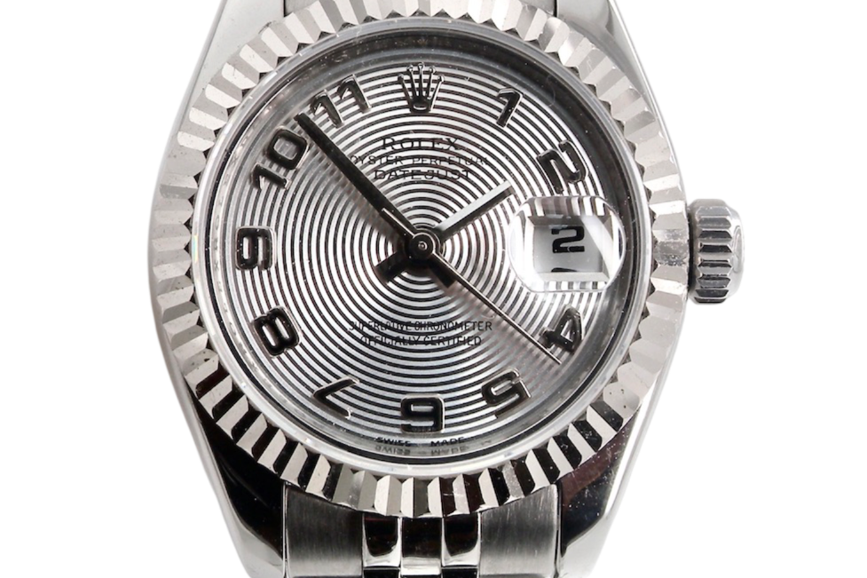 A womans steel Rolex wrist watch 179174