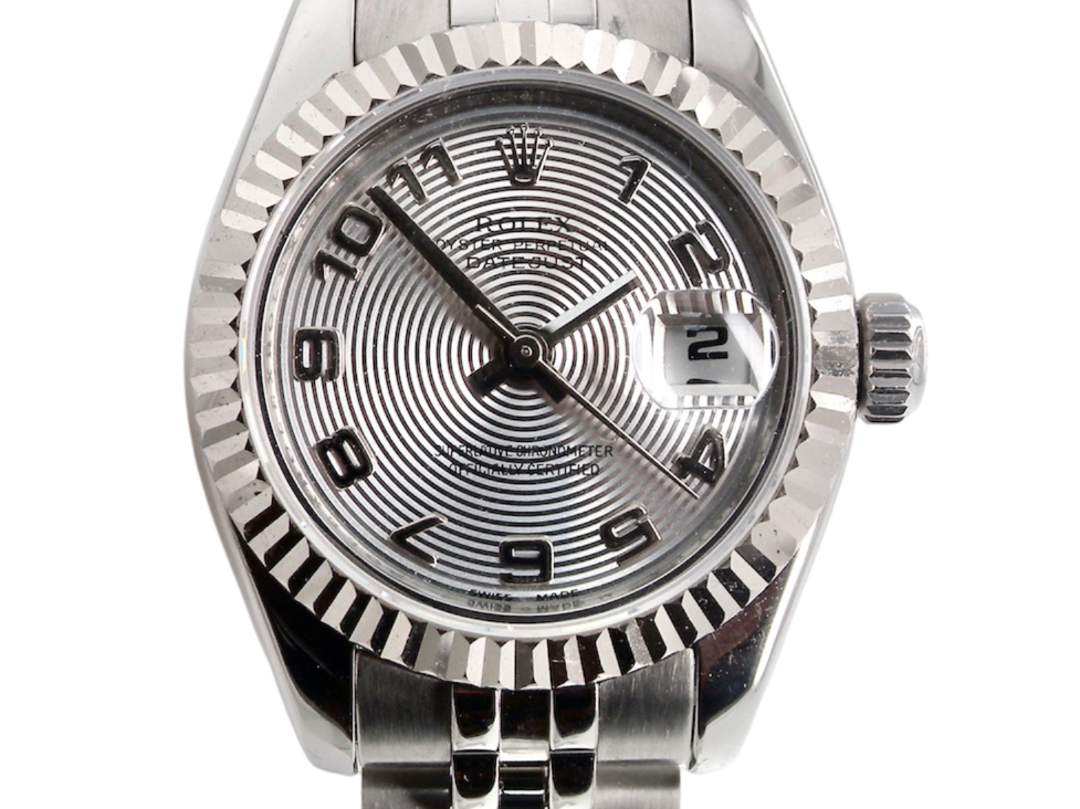 A womans steel Rolex wrist watch 179174