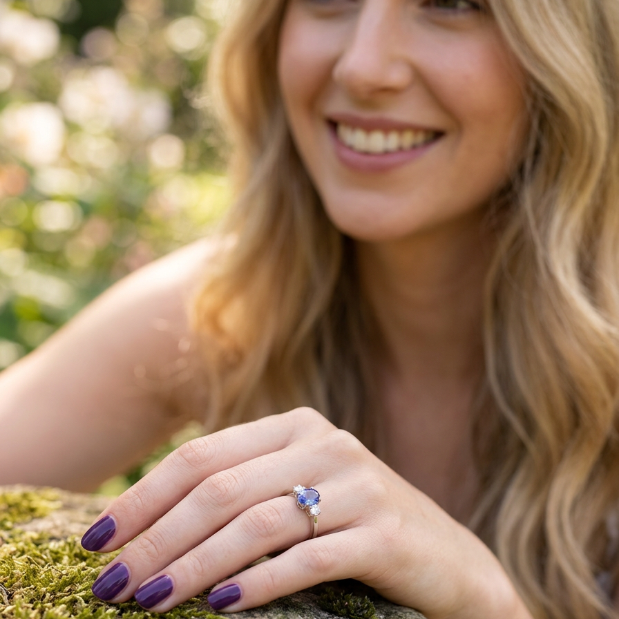model A three stone ring that features an impressive tanzanite centre stone that measures 10x8mm (3.21 carats confirmed) AAA colour. 