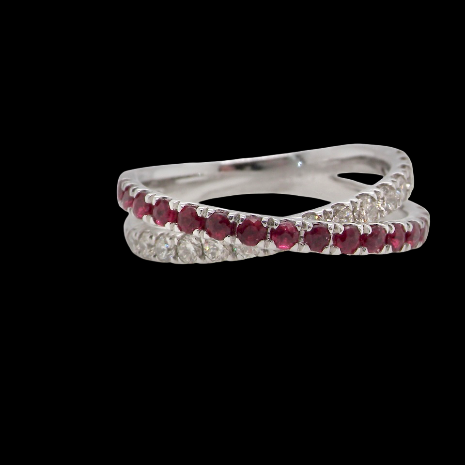 A NEW ruby and diamond cross over ring