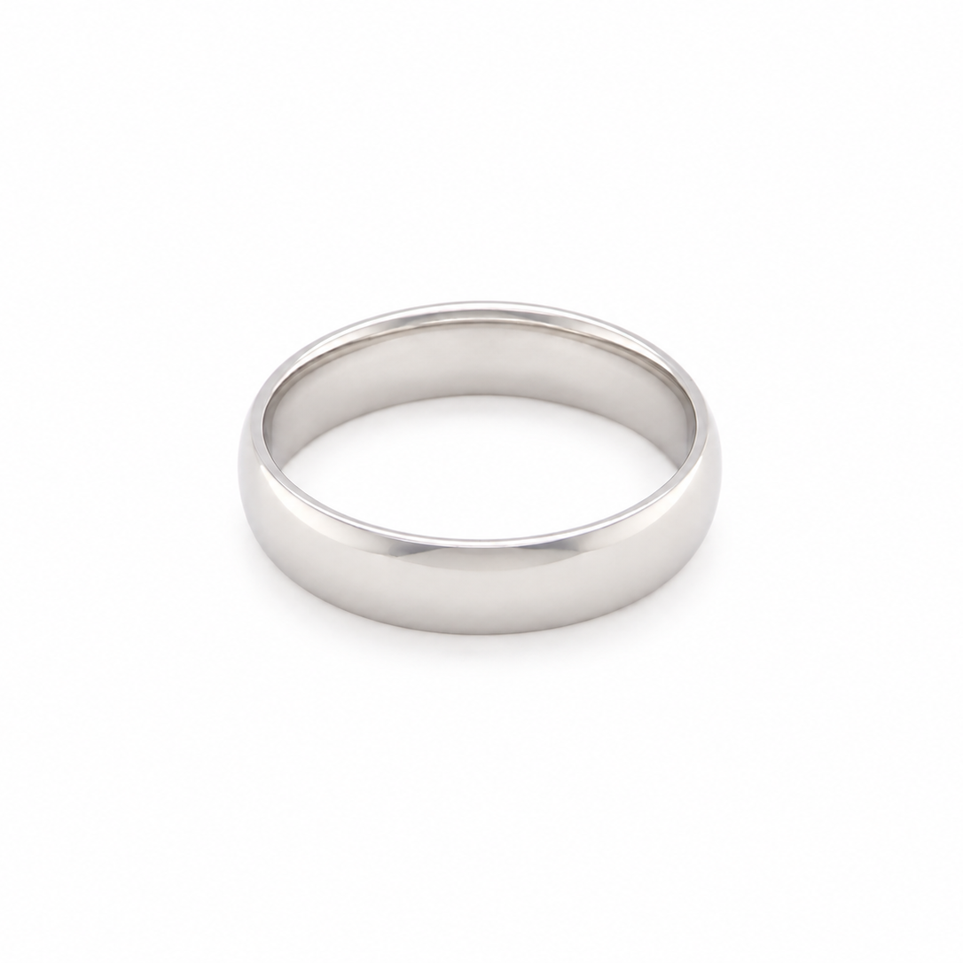 A classic flat band wedding ring in polished white gold metal, shown on a clean white background.